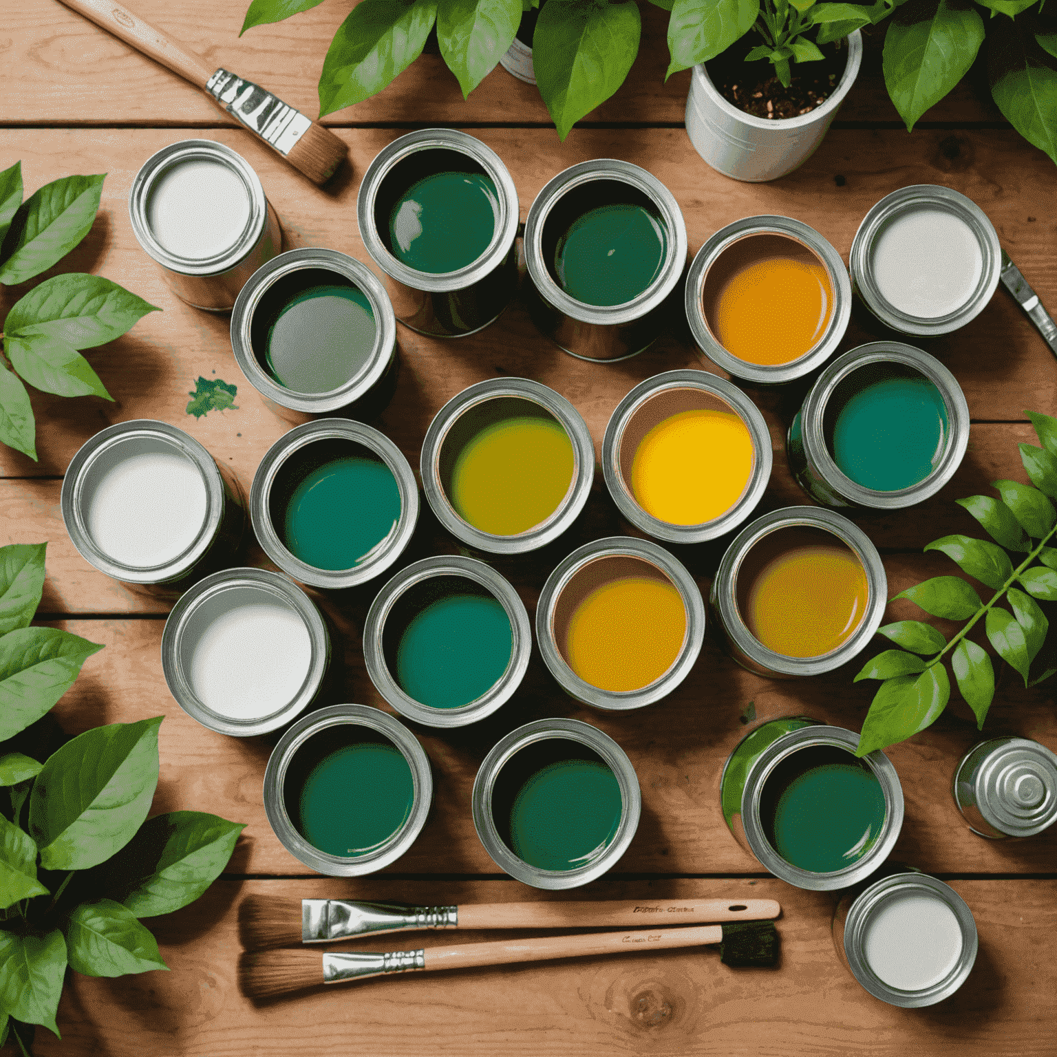 Various eco-friendly paint cans and brushes arranged on a wooden table with green plants in the background, symbolizing environmentally conscious painting options