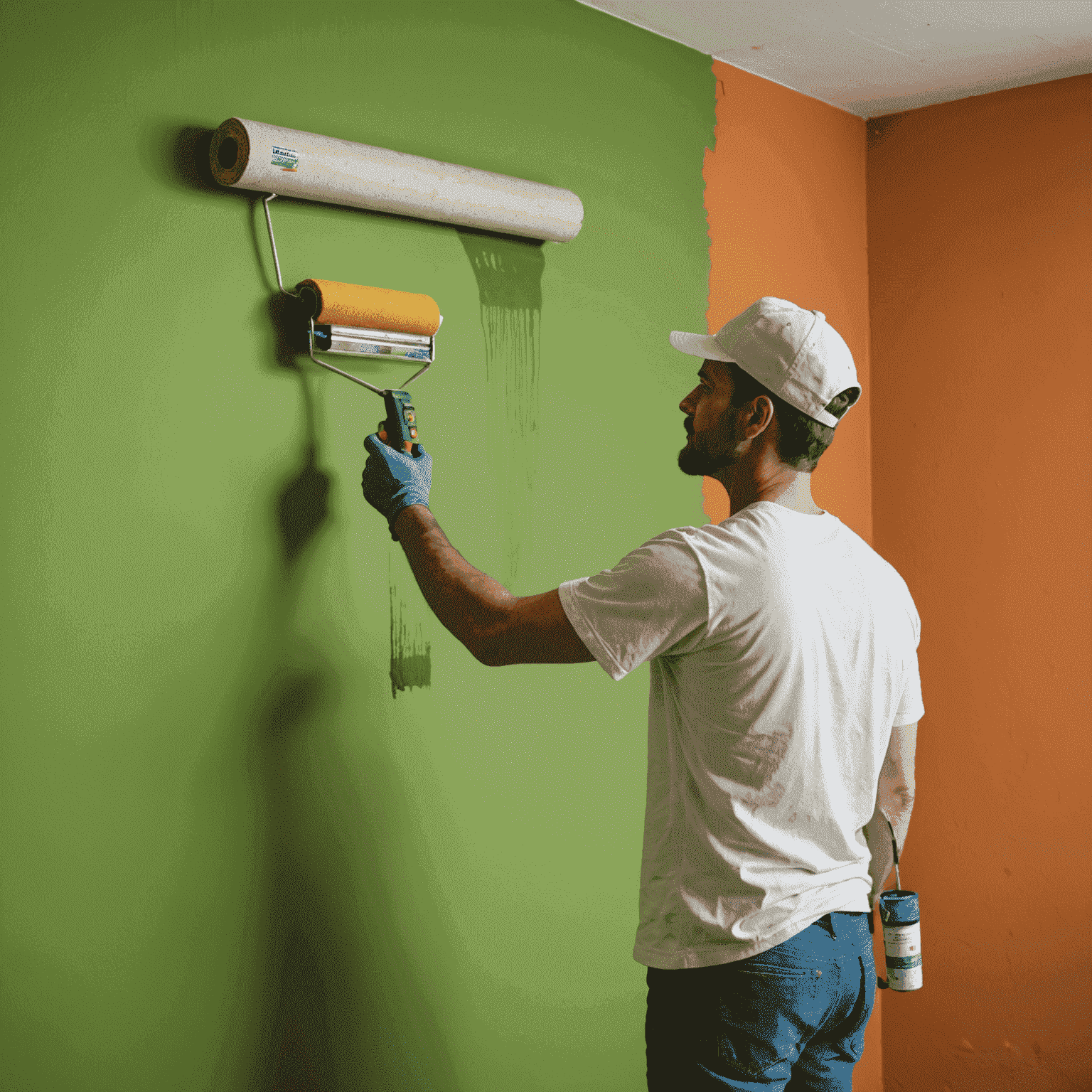 A painter using a roller to apply eco-friendly paint to a wall, with visible texture and rich, vibrant color