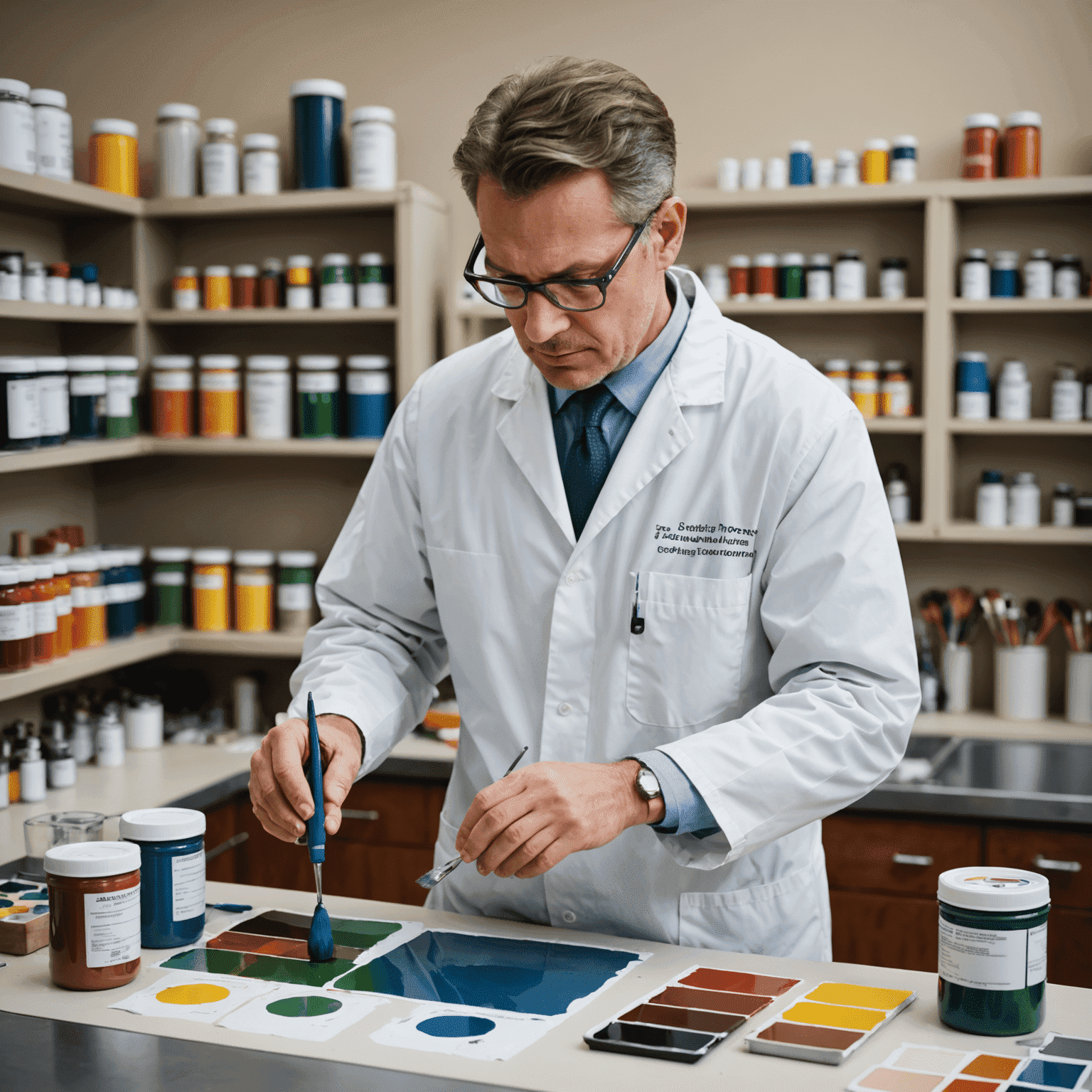 A professional color specialist carefully mixing custom paint colors in a well-equipped laboratory setting, demonstrating the precision of the process
