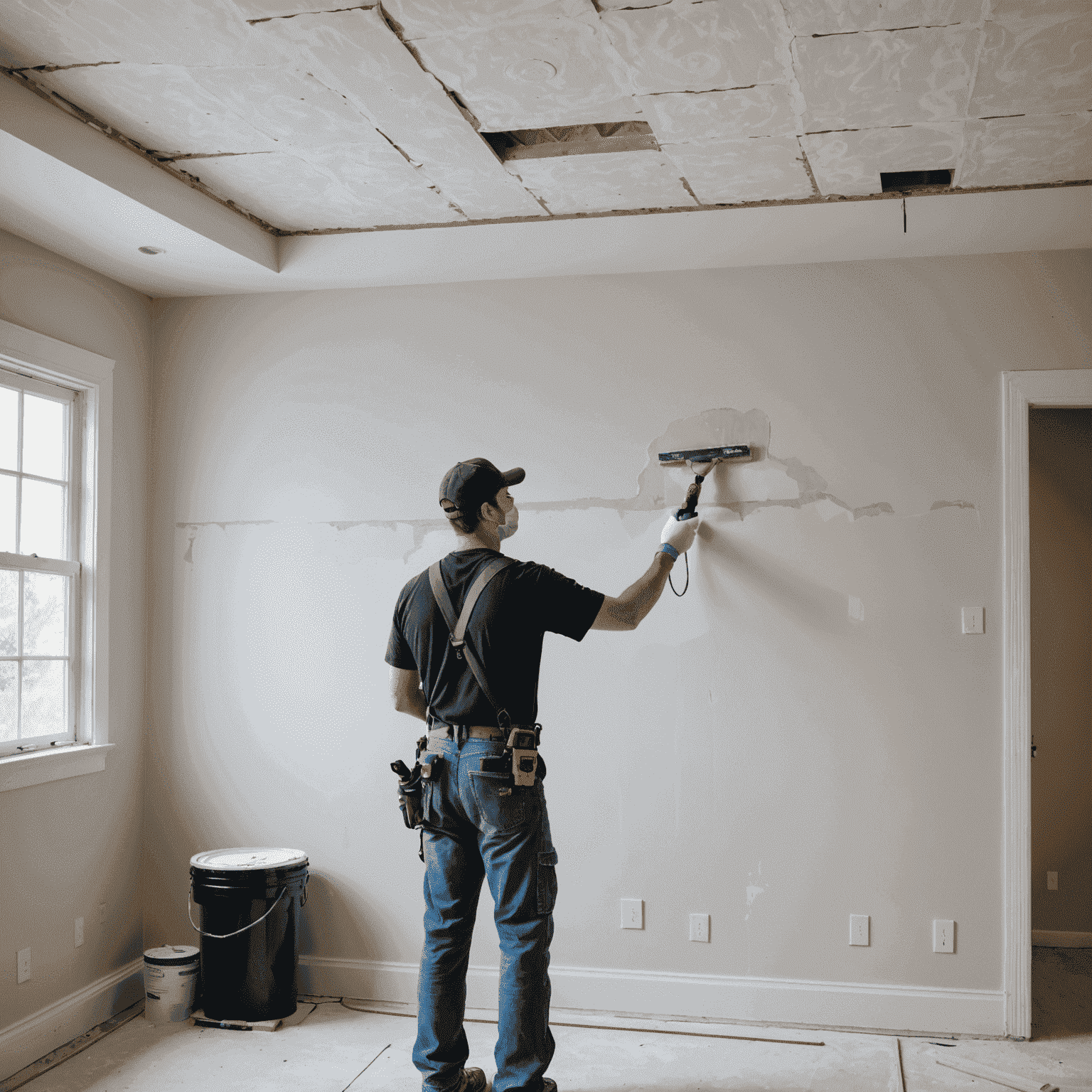 A drywall surface being prepared for painting, showing patching, sanding, and priming steps